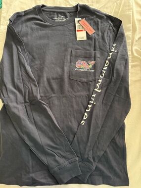 Vineyard Vines Navy Long-Sleeve Golf Pocket Tee with Whale Logo